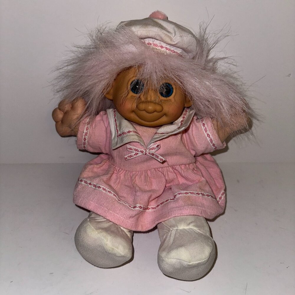 Vintage Troll Kidz Russ Berrie Girl doll Pink Sailor Dress and Hat EUC